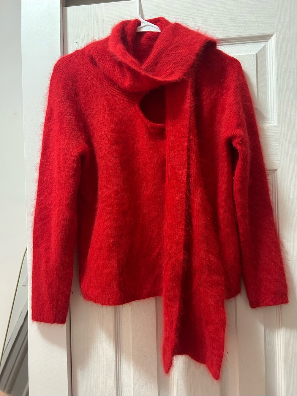Rafaella Red Fuzzy Cowl Neck Sweater with Scarf Detail